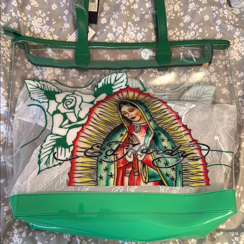 Ed Hardy Green Tote Bag with Vibrant Graphic Design